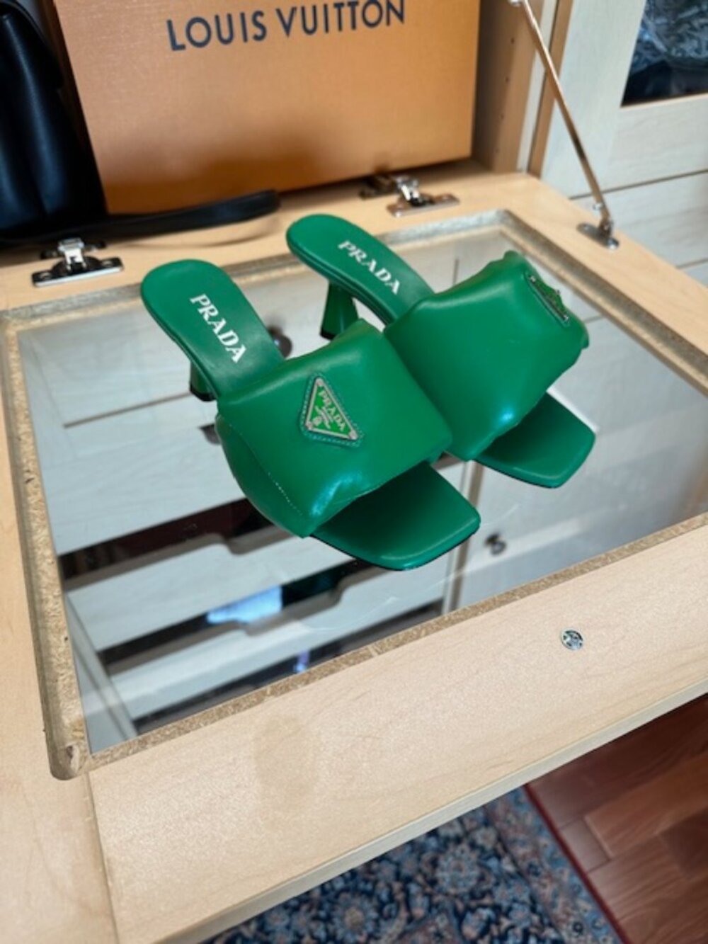 Prada Green Enameled Metal Triangle Leather Size 37 Slides - Picture 2 of 6